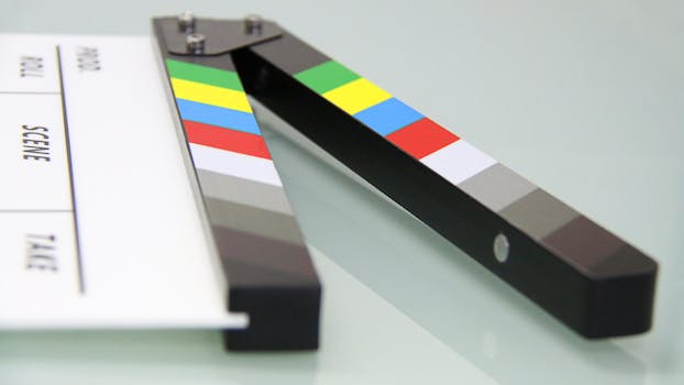 Colorful clapper board on a white surface, used in filmmaking. Ideal for entertainment and movie themes.